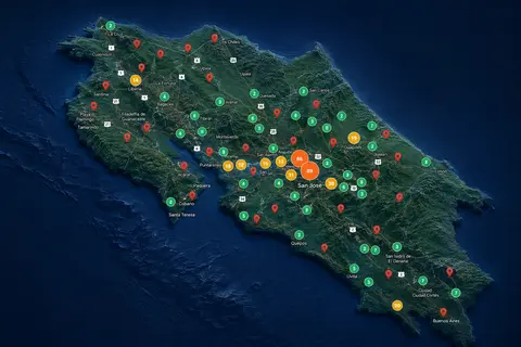 Mapa interactivo SUBAXA: 458+ remates judiciales activos en Costa Rica, agrupados por provincia con conteo en San José, Alajuela, Heredia, Cartago, Guanacaste, Puntarenas y Limón